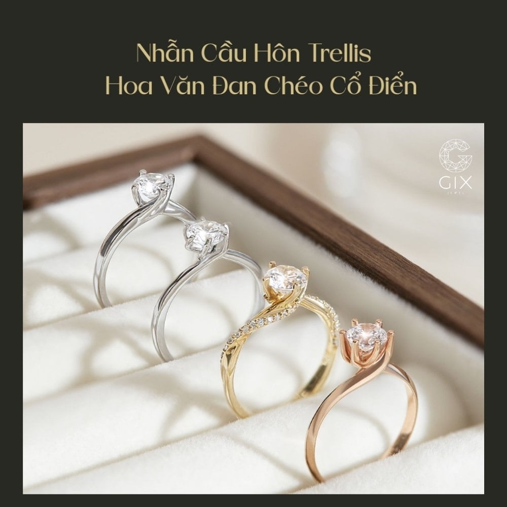 Nhẫn cầu hôn Trellis với hoa văn đan chéo ôm lấy viên đá chủ
