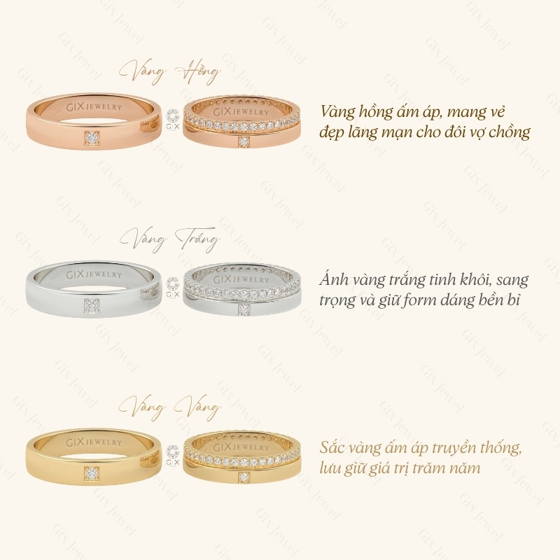 Vàng 18K kết hợp kim cương tự nhiên tạo nên cặp nhẫn cưới sang trọng đẳng cấp.