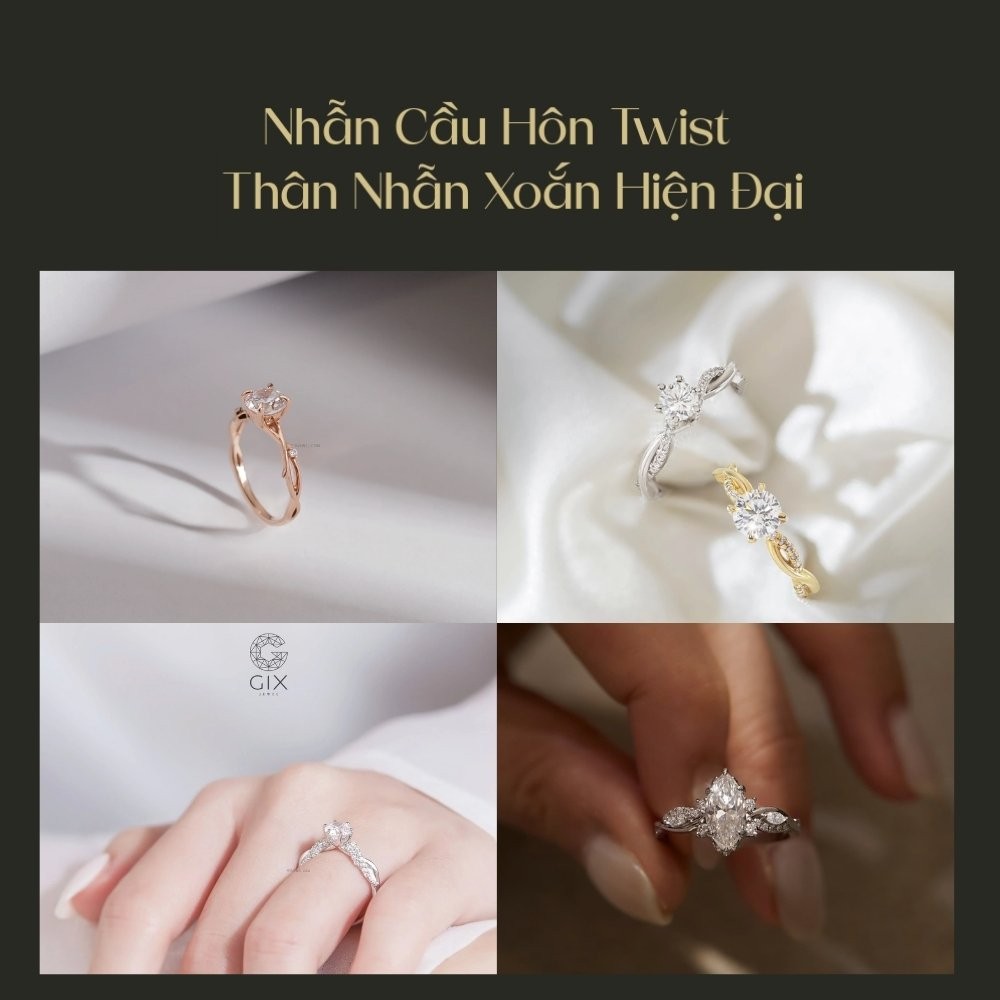 Nhẫn cầu hôn Twist có thân nhẫn xoắn mềm mại, mang hơi hướng hiện đại