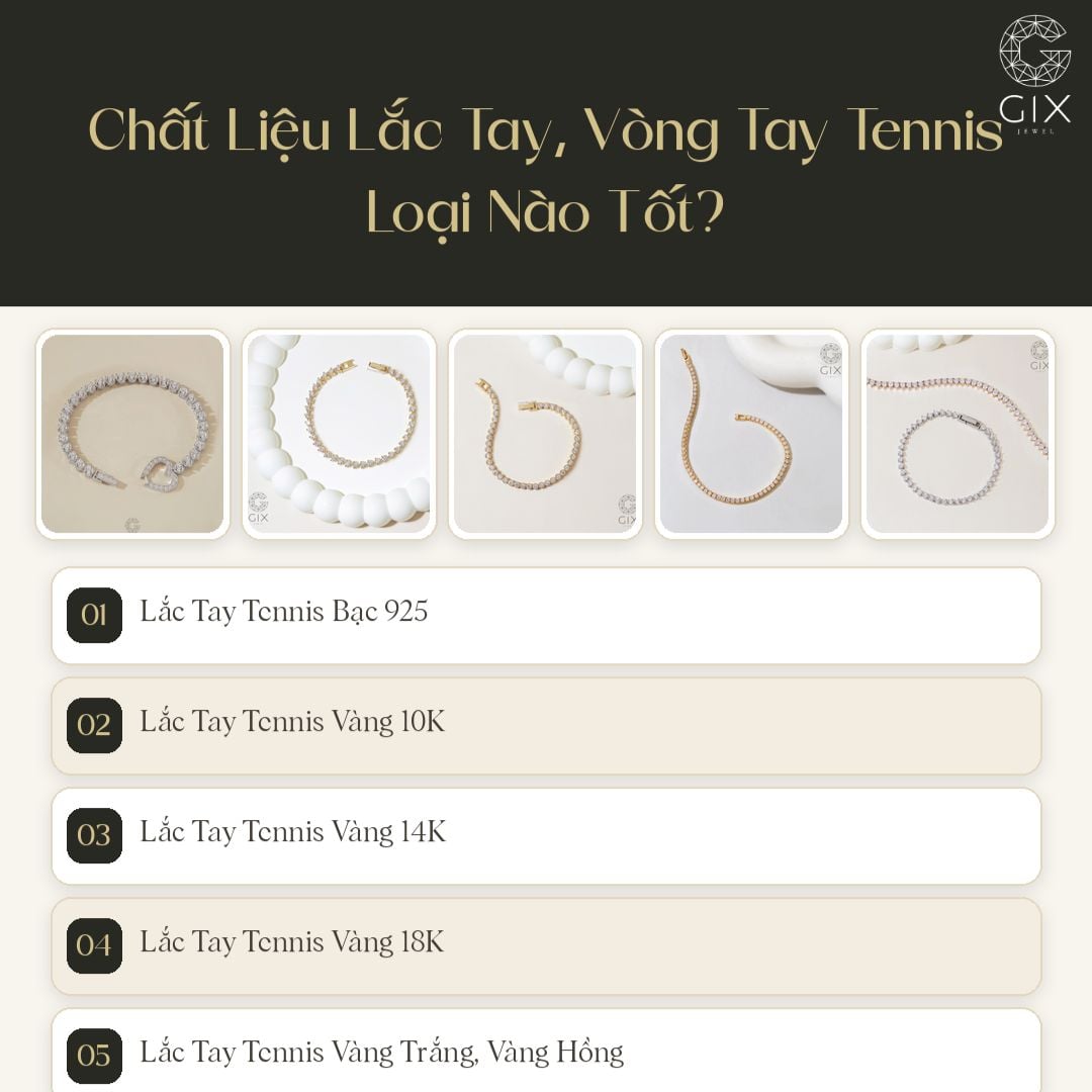Lắc tay tennis đa dạng chất liệu từ bạc 925 đến vàng 10K, 14K, 18K, vàng trắng và vàng hồng