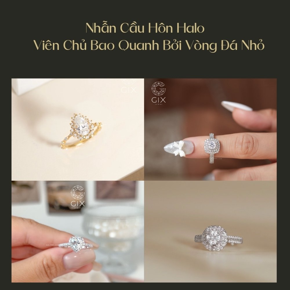 Nhẫn cầu hôn Halo với vòng đá nhỏ bao quanh viên chủ, tạo hiệu ứng lấp lánh