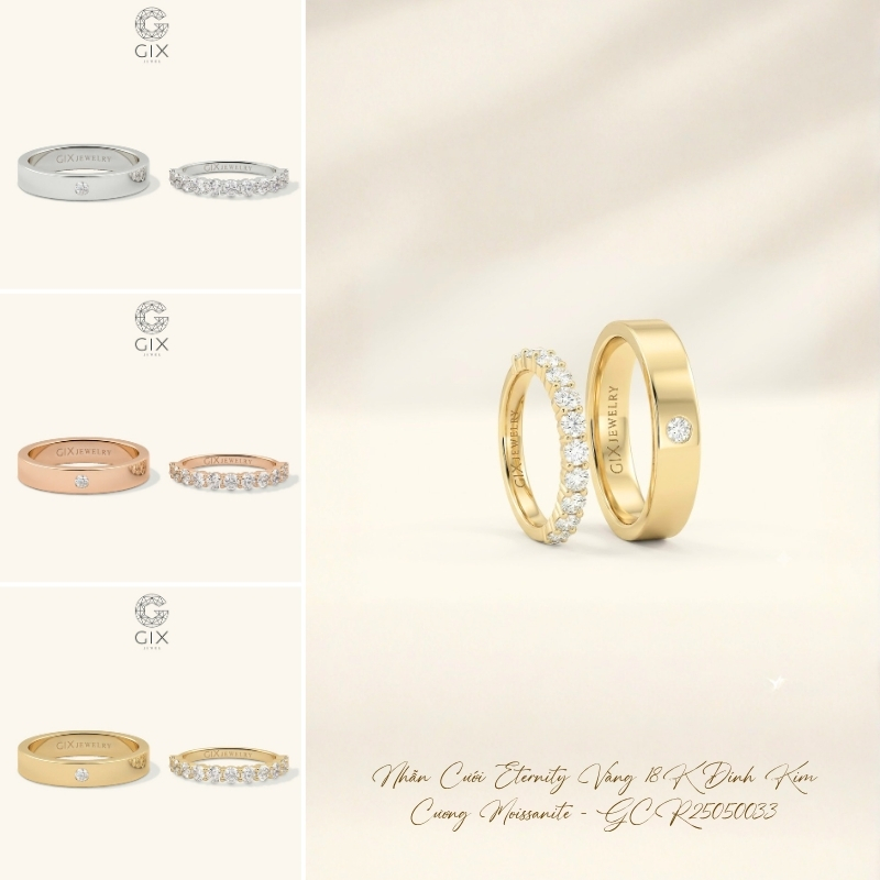 Hàng đá Moissanite vi đính quanh đai nhẫn mang lại vẻ lấp lánh nổi bật.