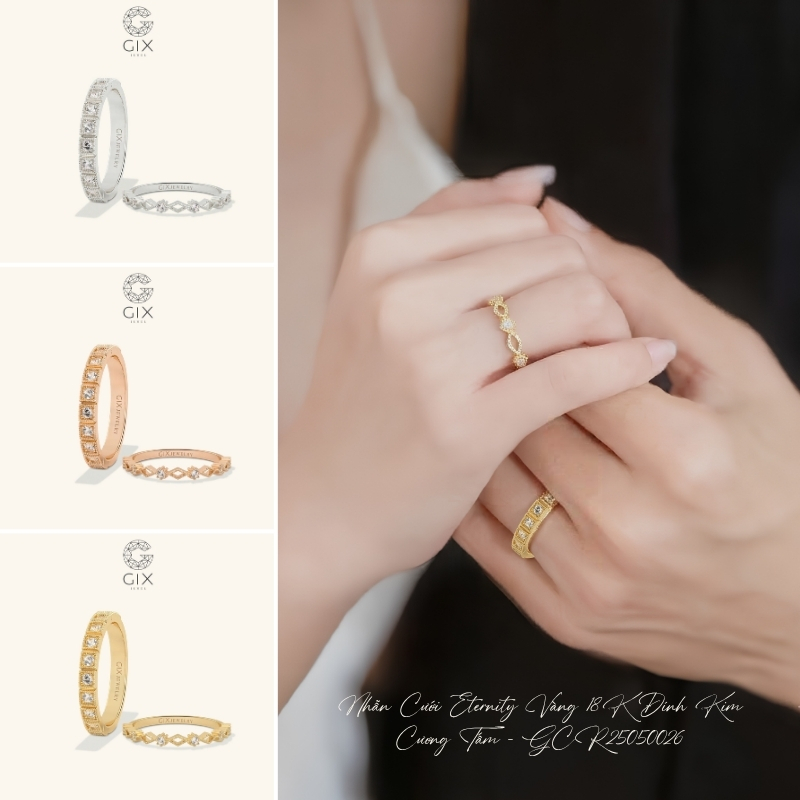 Mẫu nhẫn Eternity đính dải kim cương tấm tượng trưng cho tình yêu bất diệt trường tồn.
