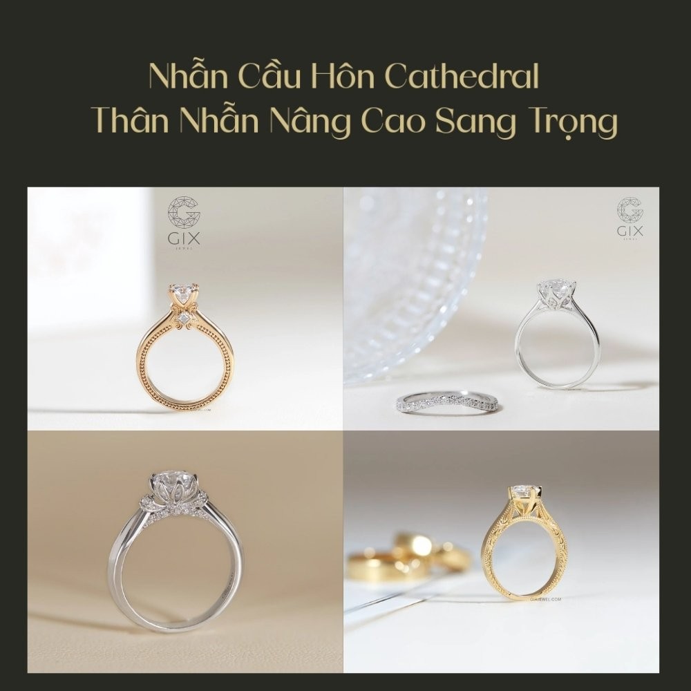 Nhẫn cầu hôn Cathedral có thân nhẫn nâng cao, tôn viên đá chủ nổi bật hơn