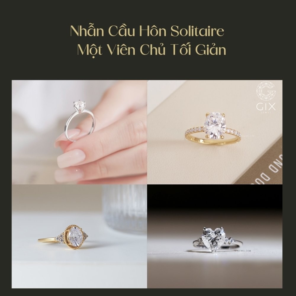 Nhẫn cầu hôn Solitaire với viên chủ tối giản, dễ phối cùng nhẫn cưới