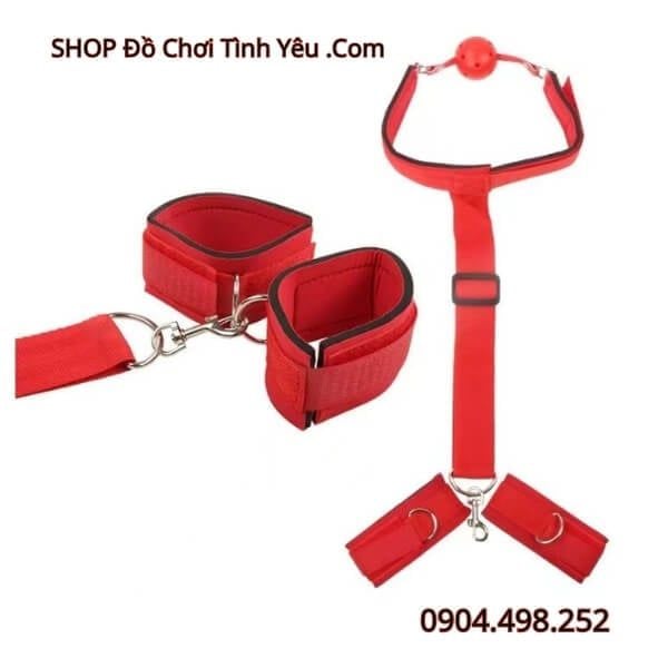 Dây Trói SM Còng Tay Phía Sau Kèm Vòng Cổ Có Bóng Ngậm Miệng