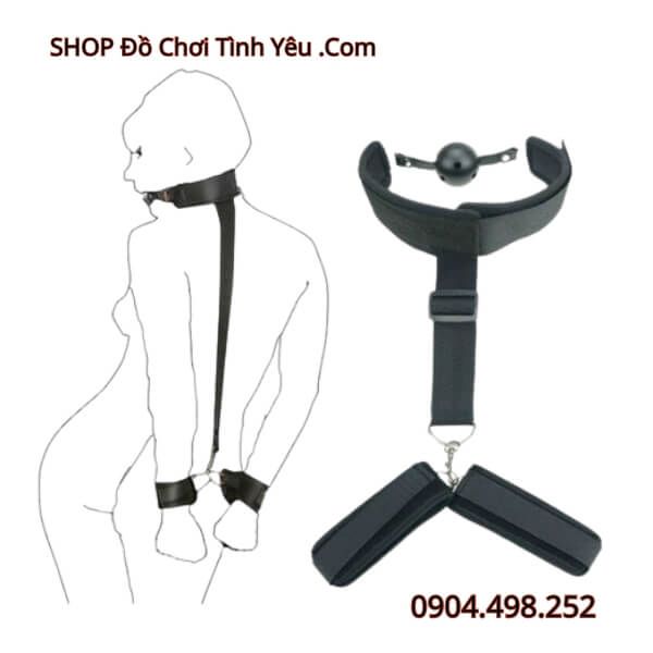 Dây Trói SM Còng Tay Phía Sau Kèm Vòng Cổ Có Bóng Ngậm Miệng