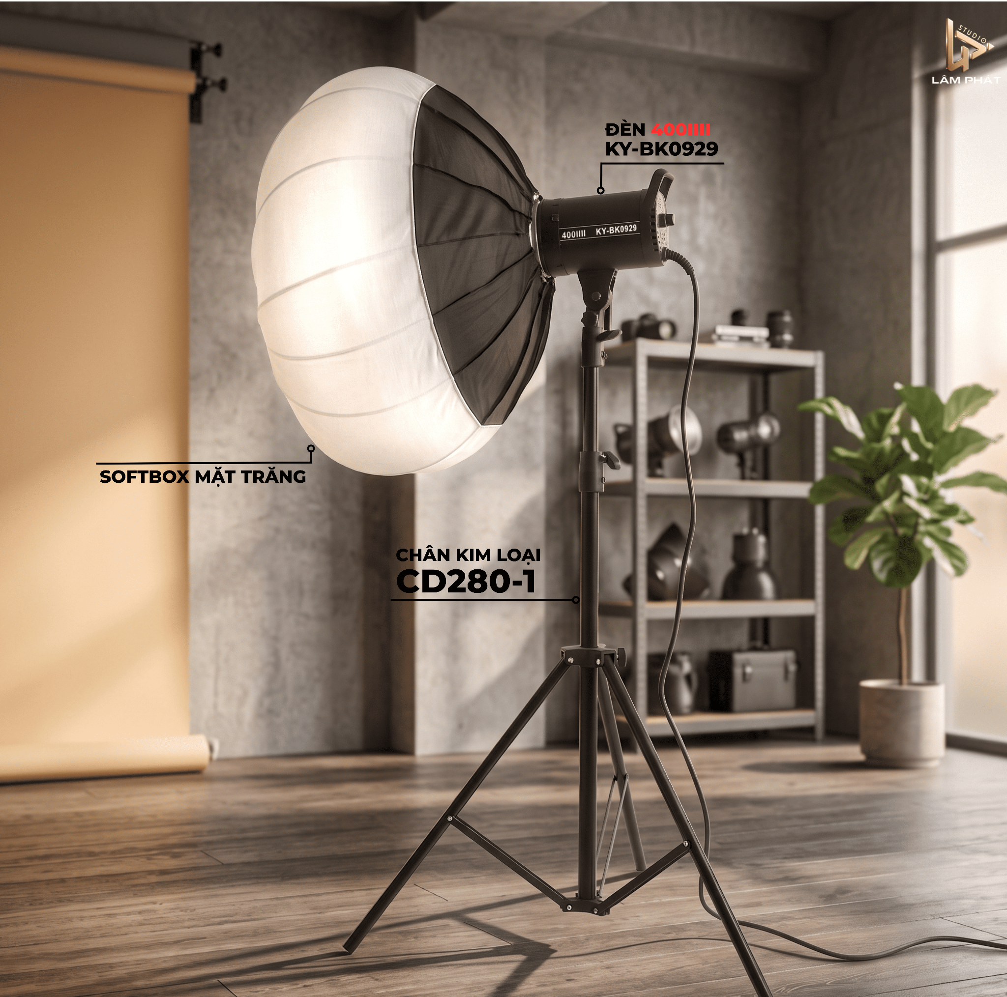 Combo Đèn Studio BK0929 & Softbox Mặt Trăng