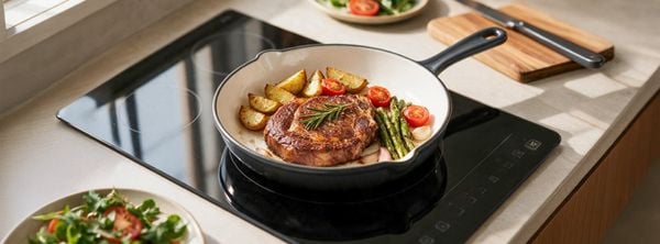Chảo gang nấu bít tết trên bếp từ