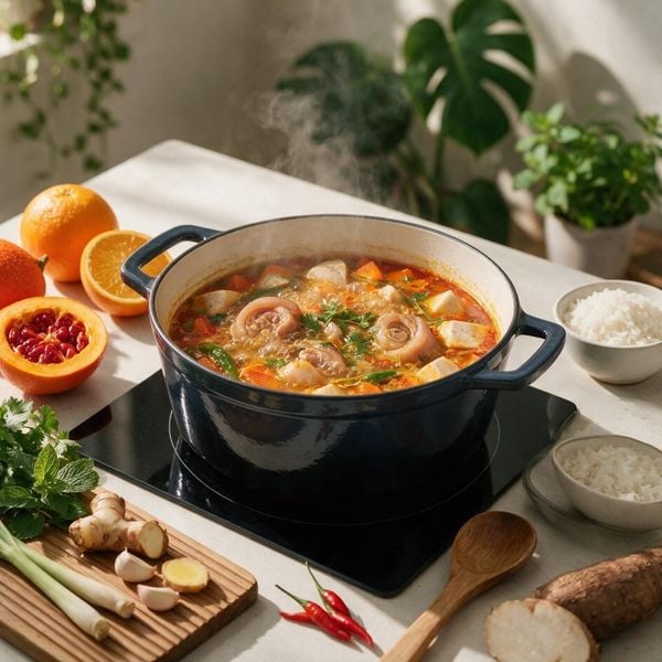 Nồi gang hầm món ăn trên bếp từ