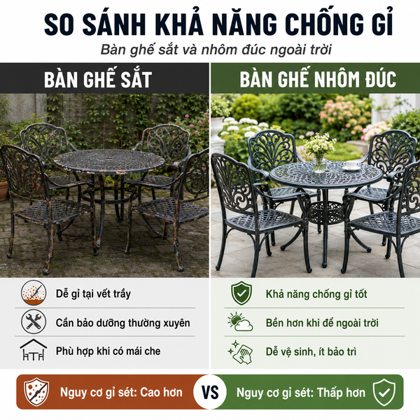 o sánh khả năng chống gỉ của bàn ghế sắt và nhôm đúc