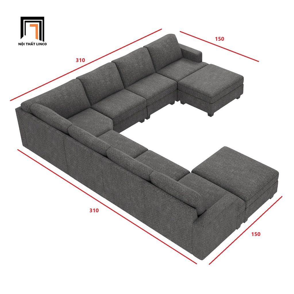 sofa dài chữ U 3m1 vải nỉ xám lông chuột