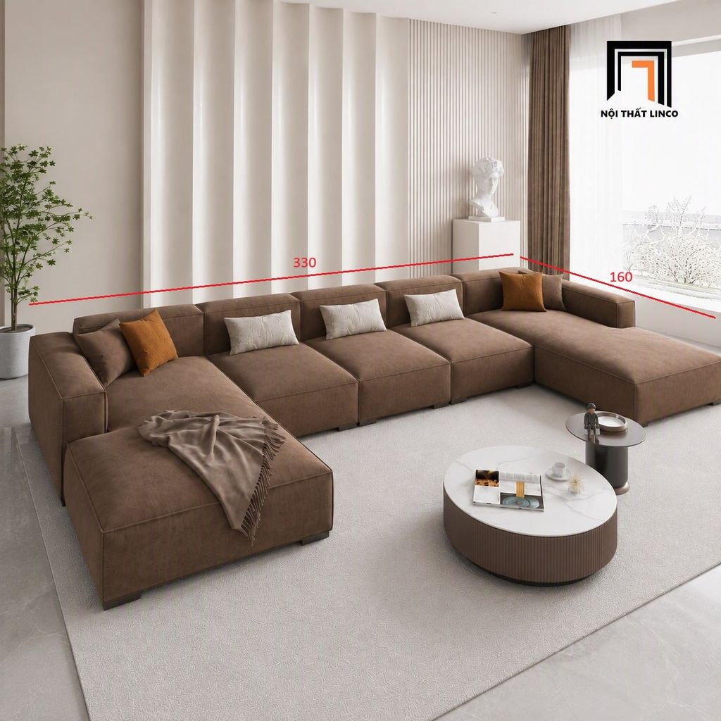 sofa dài chữ U 3m3 vải nâu đậm