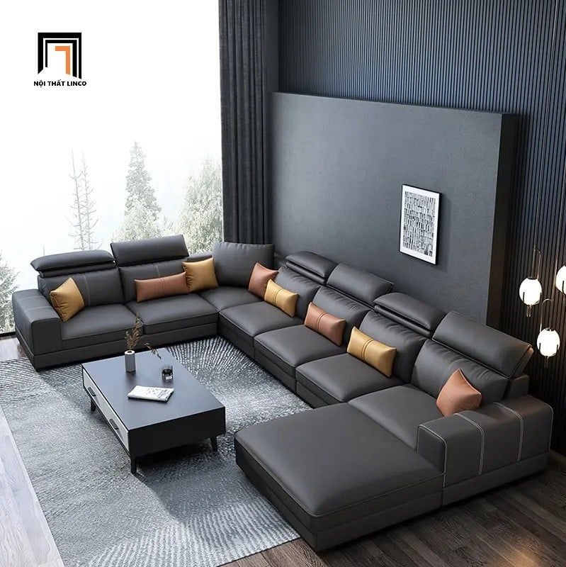 sofa chữ U dài 3m95 da công nghiệp