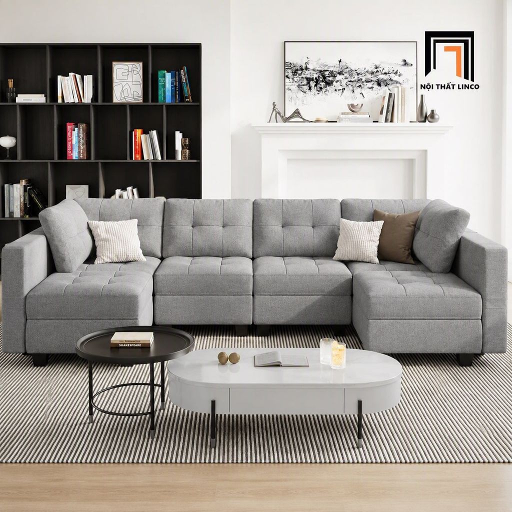 sofa dài chữ U 3m xám trắng