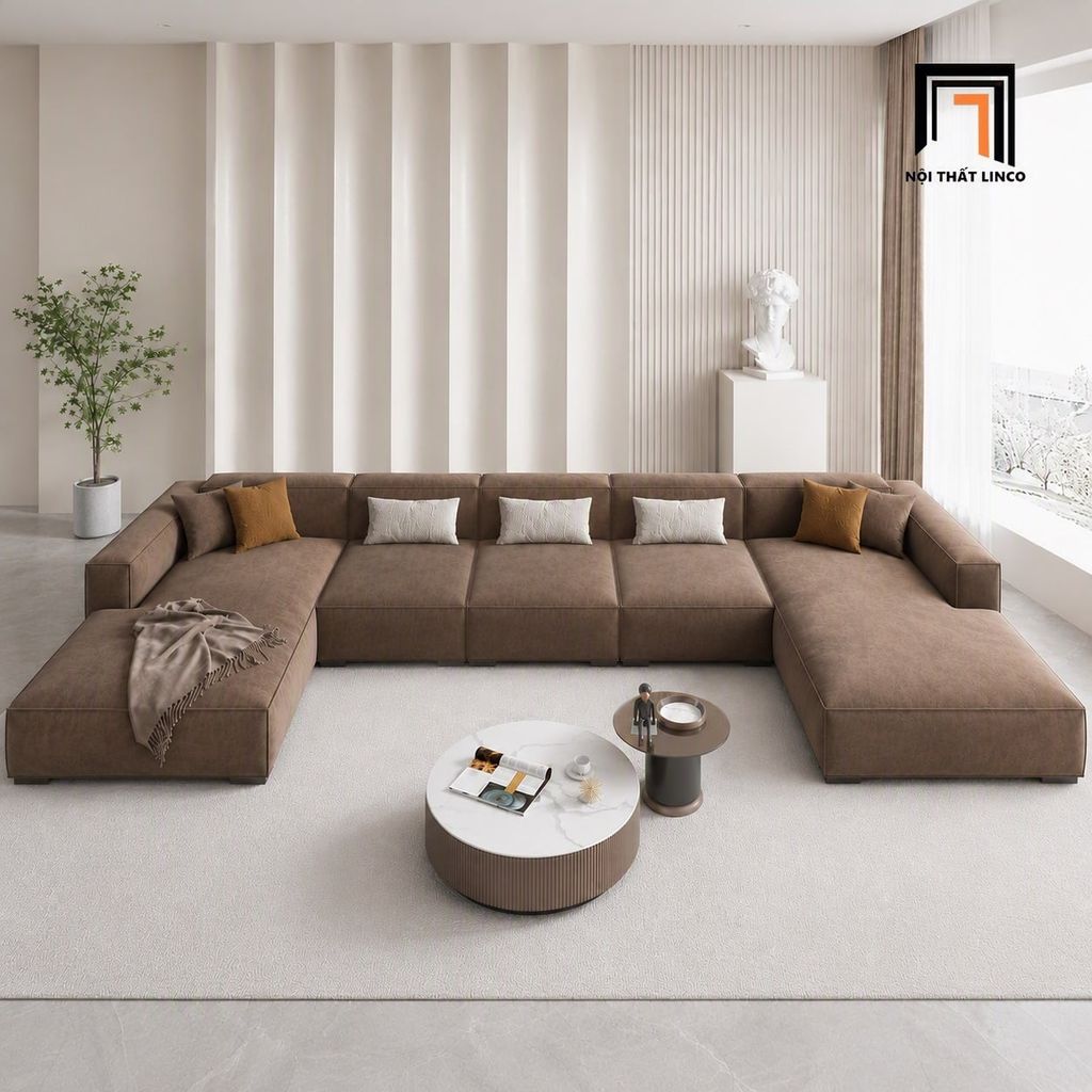 sofa dài chữ U 3m3 vải nâu đậm