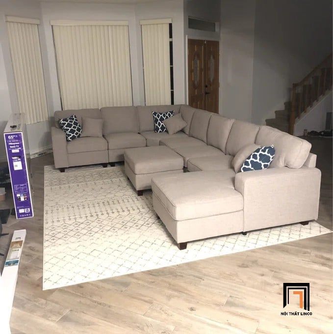 sofa chữ U dài 3m4 xám trắng