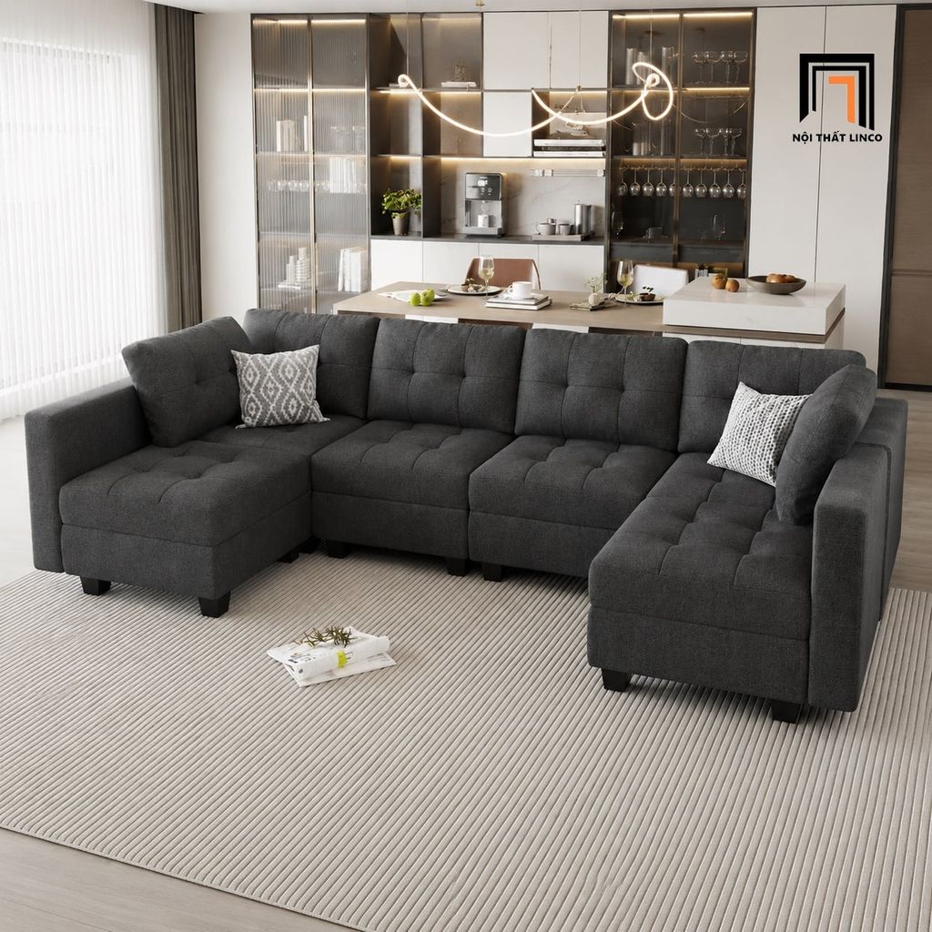 sofa dài chữ U 3m xám trắng