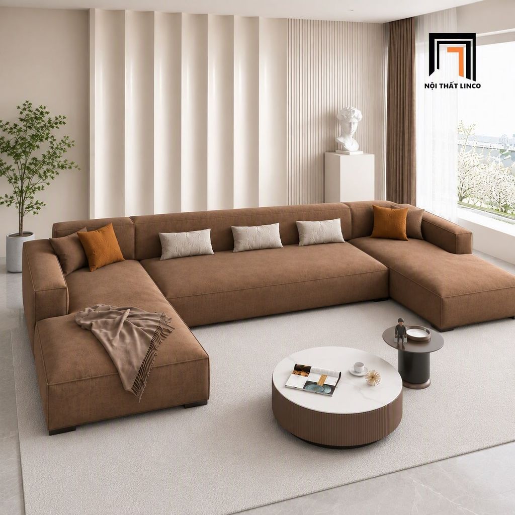 sofa dài chữ U 3m3 vải nâu đậm