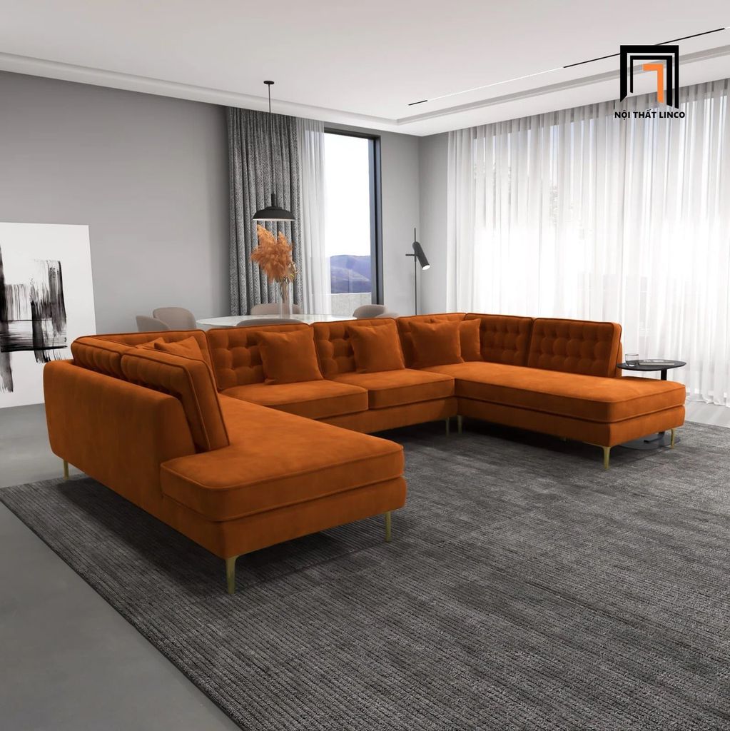 sofa dài chữ U 3m2 vải nhung cao cấp