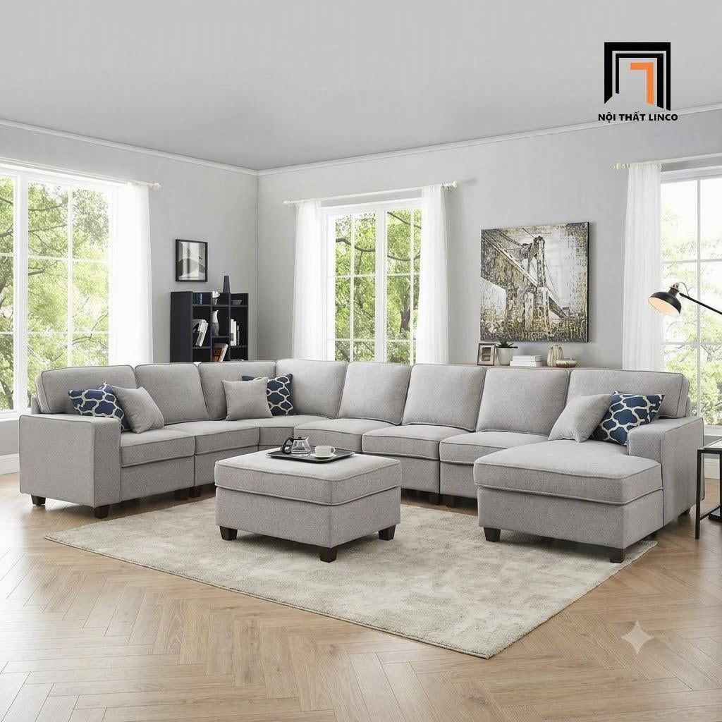 sofa chữ U dài 3m4 xám trắng