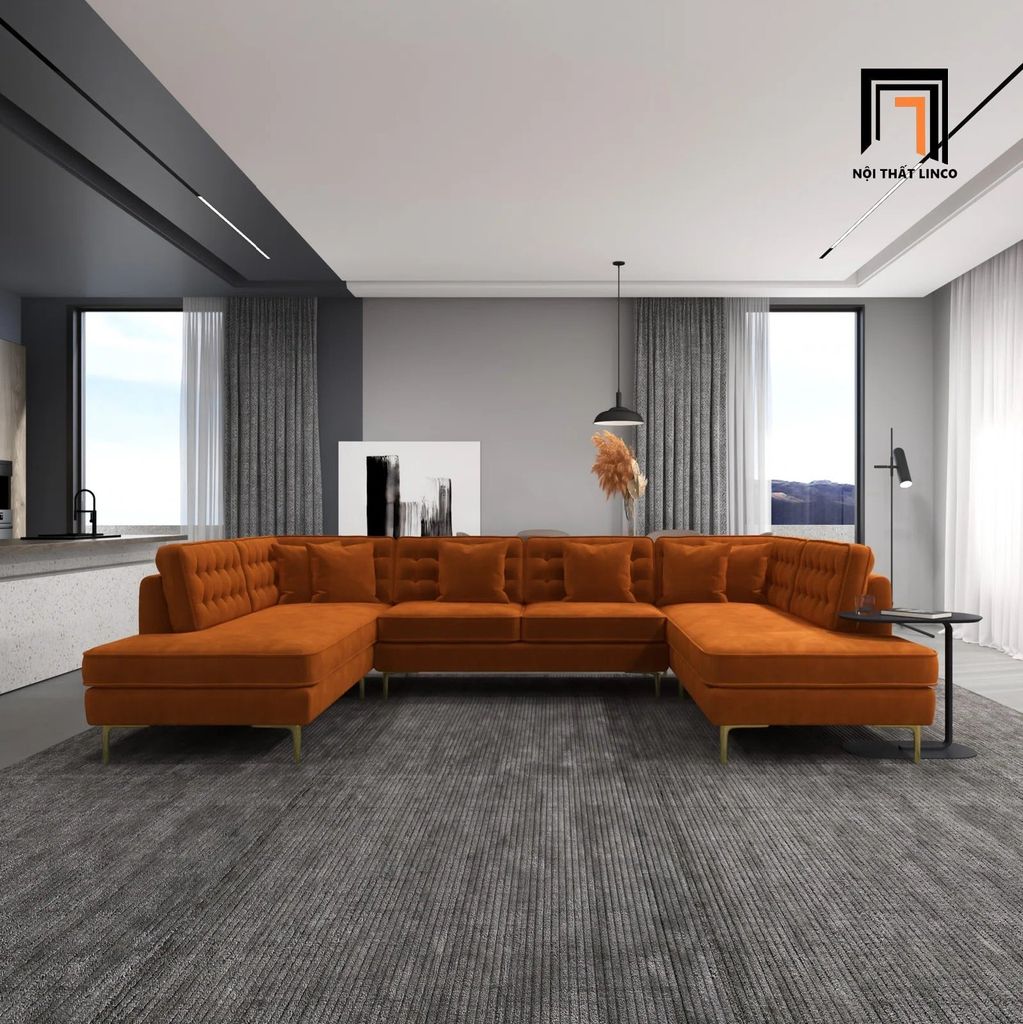 sofa dài chữ U 3m2 vải nhung cao cấp