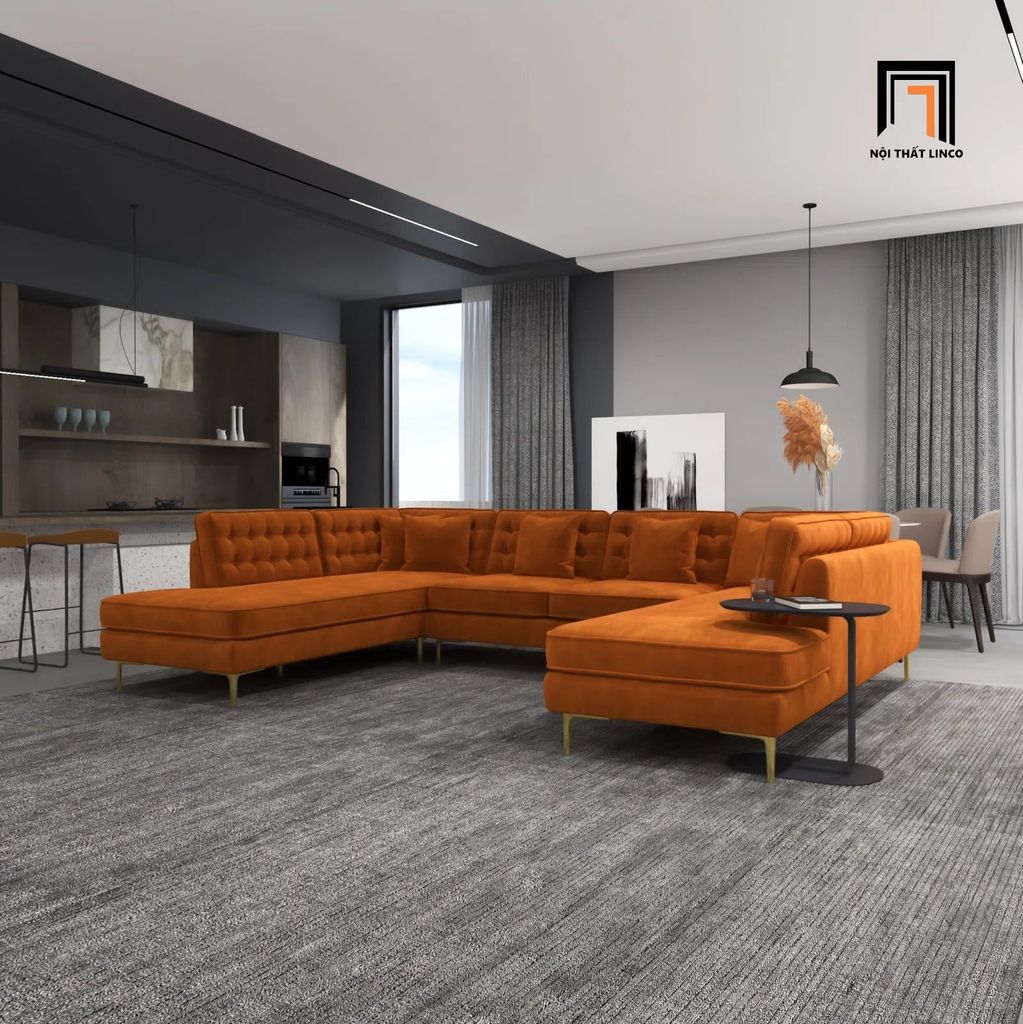 sofa dài chữ U 3m2 vải nhung cao cấp