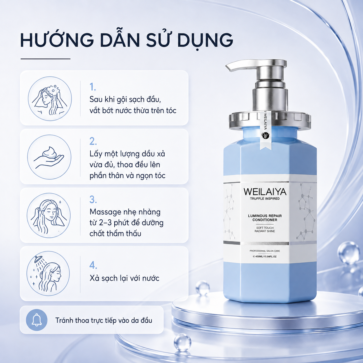 hướng dẫn sử dụng Dầu Xả Weilaiya Luminous Repair Conditioner