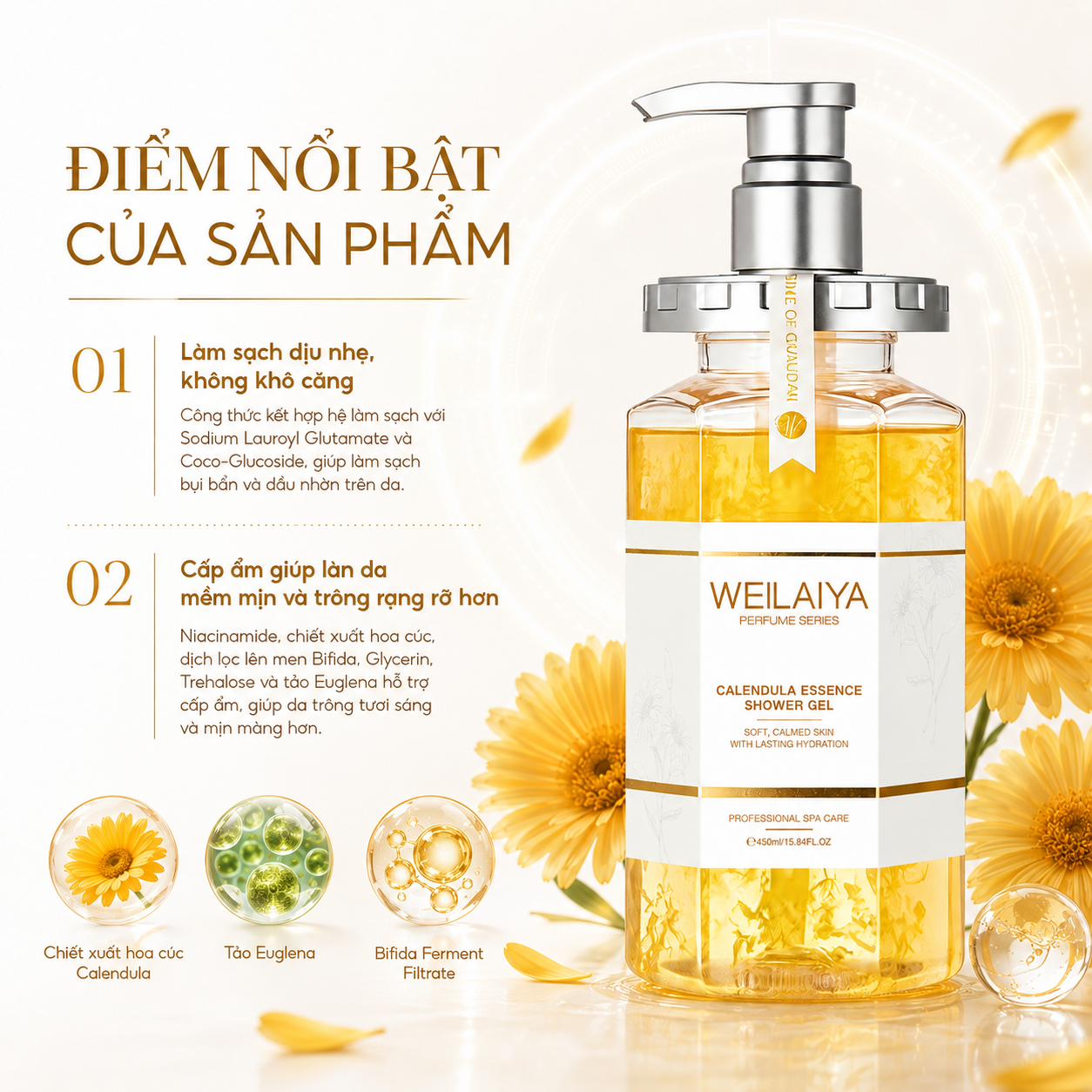 điểm nổi bật Sữa Tắm Weilaiya Calendula Essence Shower Gel