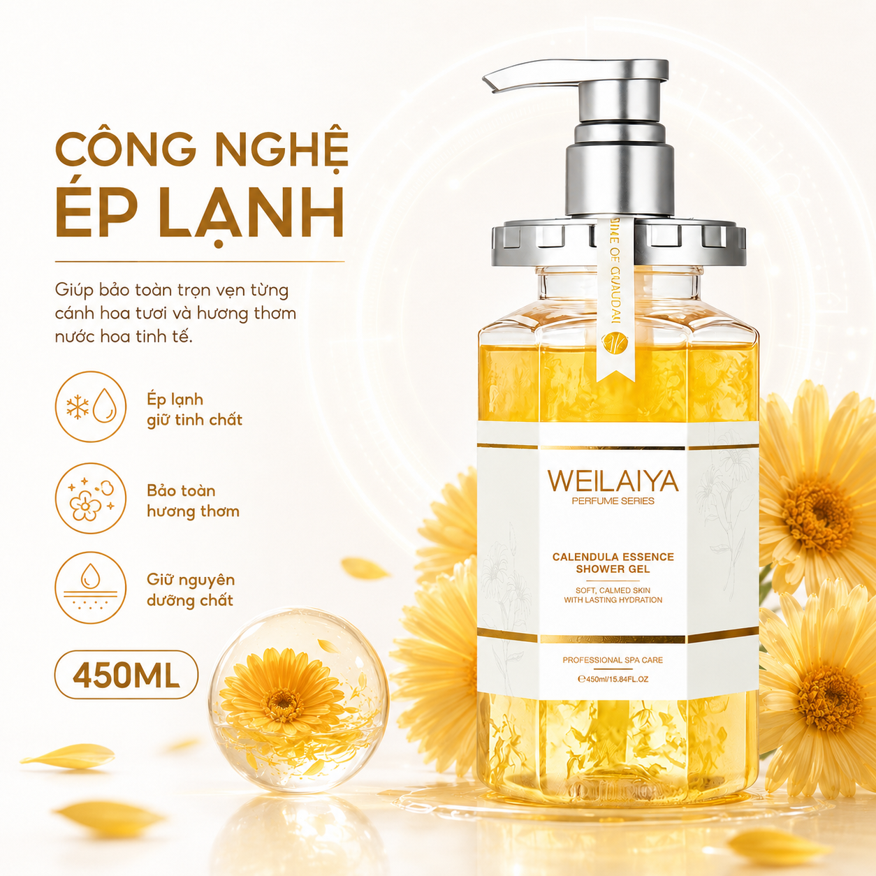 công nghệ ép lạnh Sữa Tắm Weilaiya Calendula Essence Shower Gel