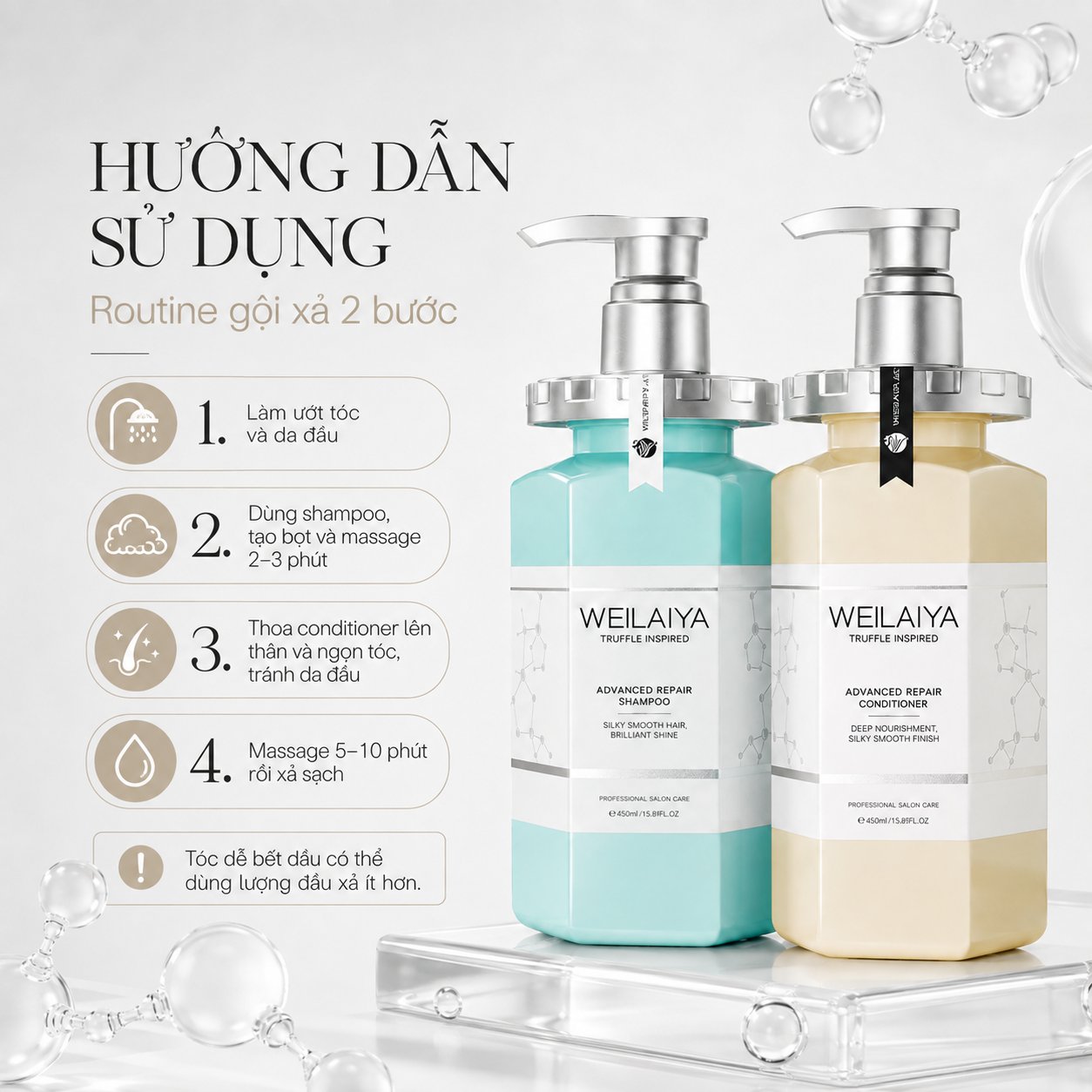 Hướng dẫn sử dụng Bộ gội xả WEILAIYA Advanced Repair