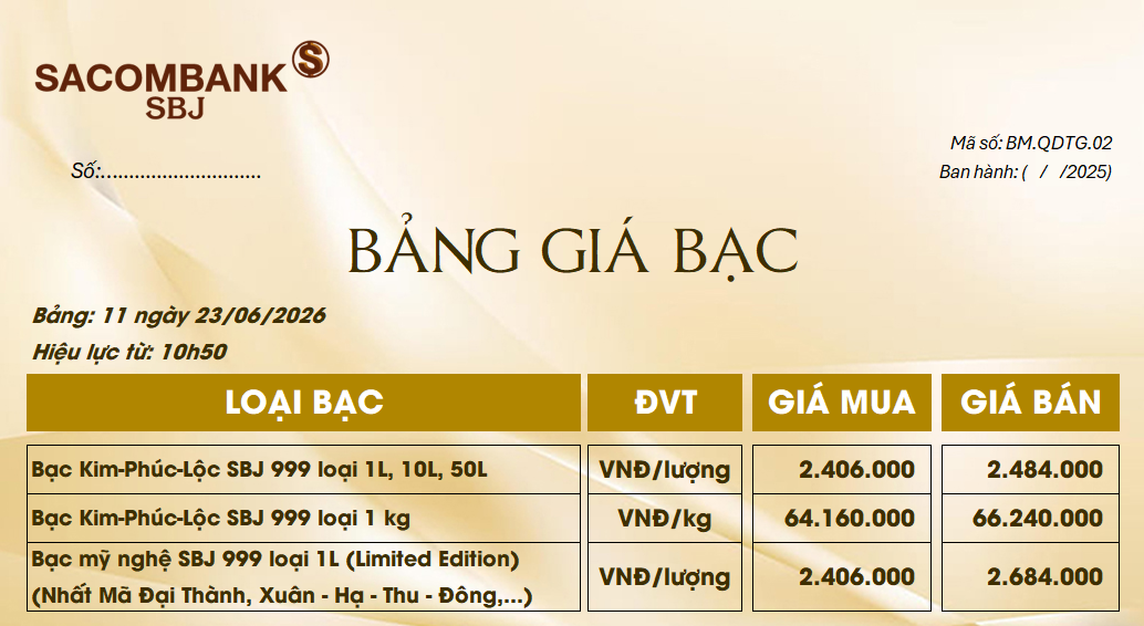 Bảng Tỷ Giá Bạc - Ngày 23/06/2026 - Bảng 11