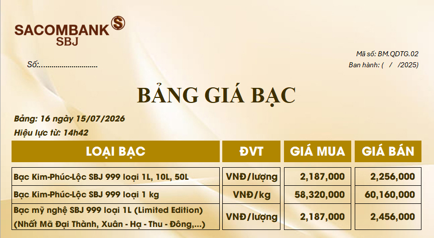 Bảng Tỷ Giá Bạc - Ngày 15/07/2026 - Bảng 16