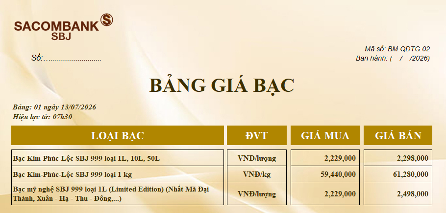 Bảng Tỷ Giá Bạc - Ngày 13/07/2026 - Bảng 1