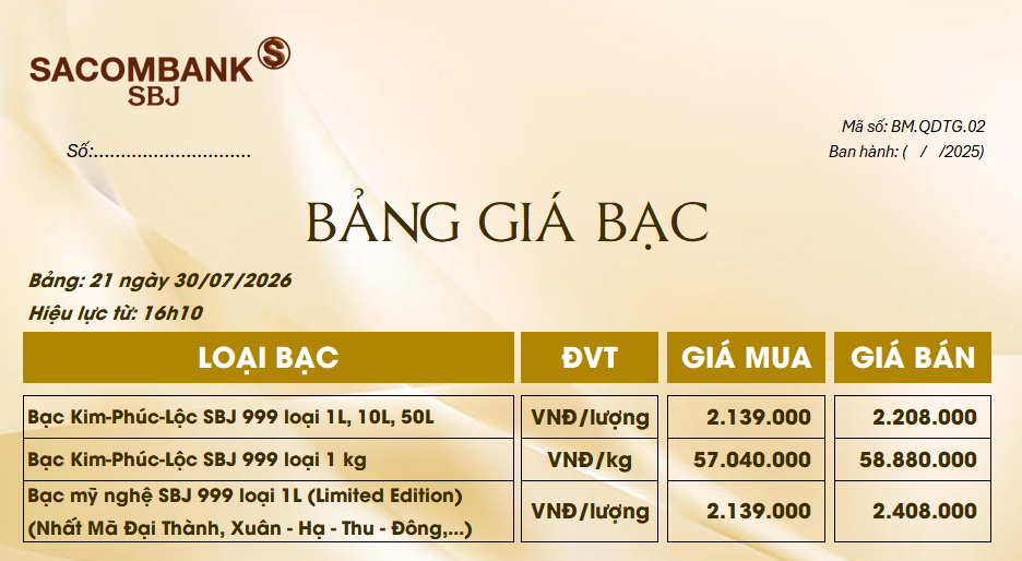 Bảng Tỷ Giá Bạc - Ngày 30/07/2026 - Bảng 21