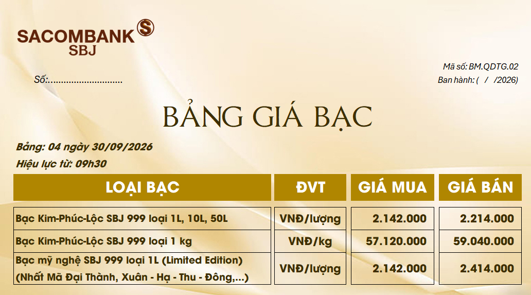 Bảng Tỷ Giá Bạc - Ngày 30/09/2026 - Bảng 4