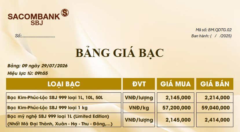 Bảng Tỷ Giá Bạc - Ngày 29/07/2026 - Bảng 9