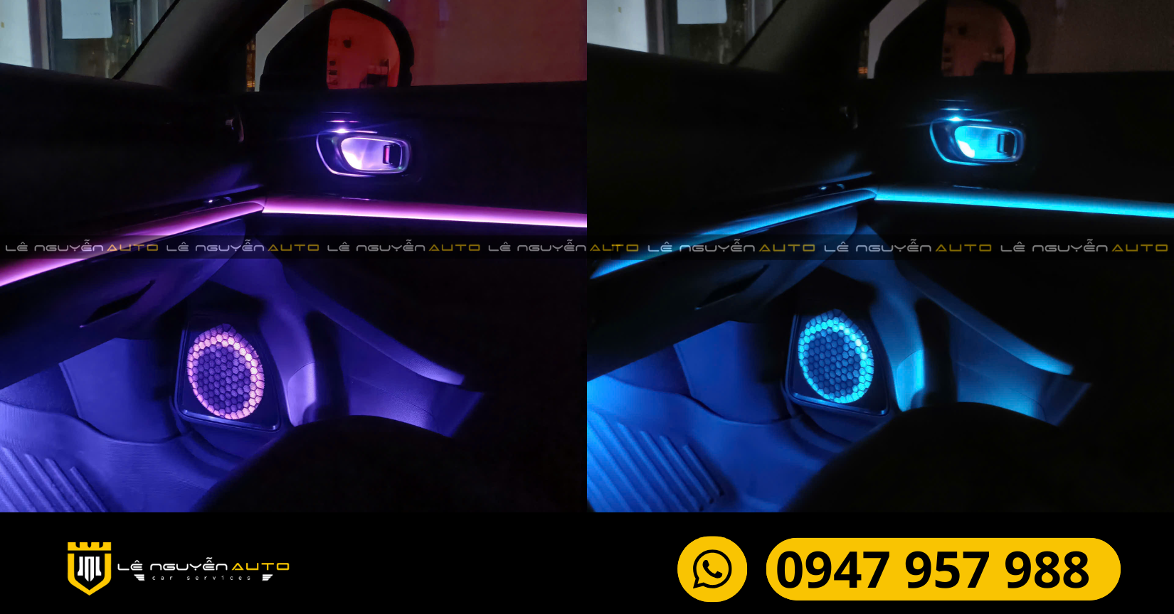 Hệ thống led nội thất chuẩn zin lắp tại vị trí viền cửa và vòng loa tại Lê Nguyễn Auto