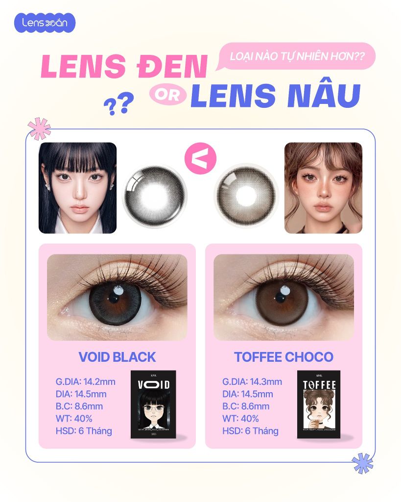 So sánh kính áp tròng Void Black và Toffee Choco Big Size của OLOLA về màu sắc, độ sáng, hiệu ứng giãn tròng và độ tự nhiên.