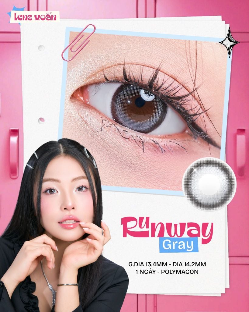 Runway Gray với lens xám bạc, ảnh mắt cận cảnh và người mẫu trên nền hồng