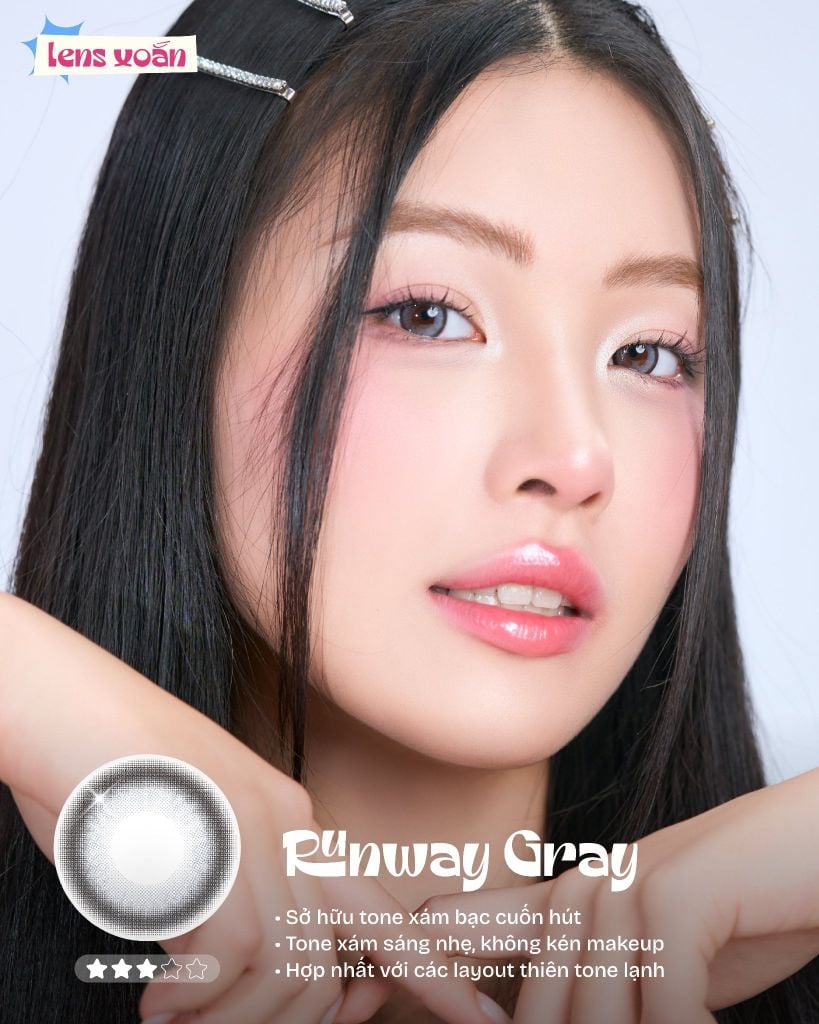 Người mẫu đeo Runway Gray với makeup hồng và minh họa độ sáng 3 trên 5