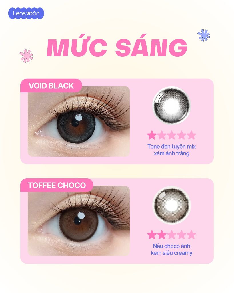 So sánh kính áp tròng Void Black và Toffee Choco Big Size của OLOLA về màu sắc, độ sáng, hiệu ứng giãn tròng và độ tự nhiên.