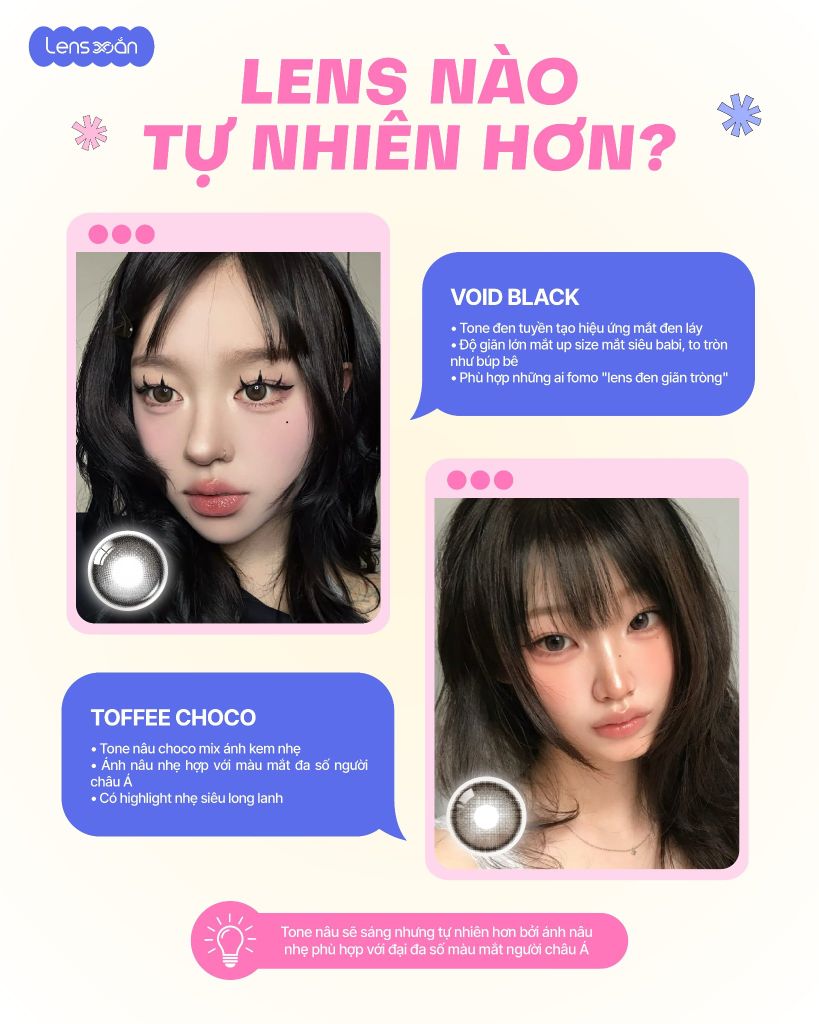 So sánh kính áp tròng Void Black và Toffee Choco Big Size của OLOLA về màu sắc, độ sáng, hiệu ứng giãn tròng và độ tự nhiên.