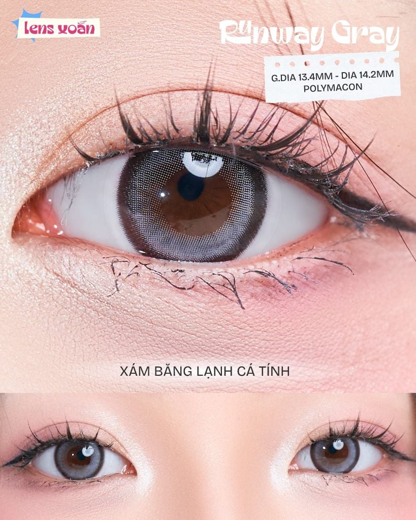Cận cảnh vân lens Runway Gray xám bạc quanh tròng mắt