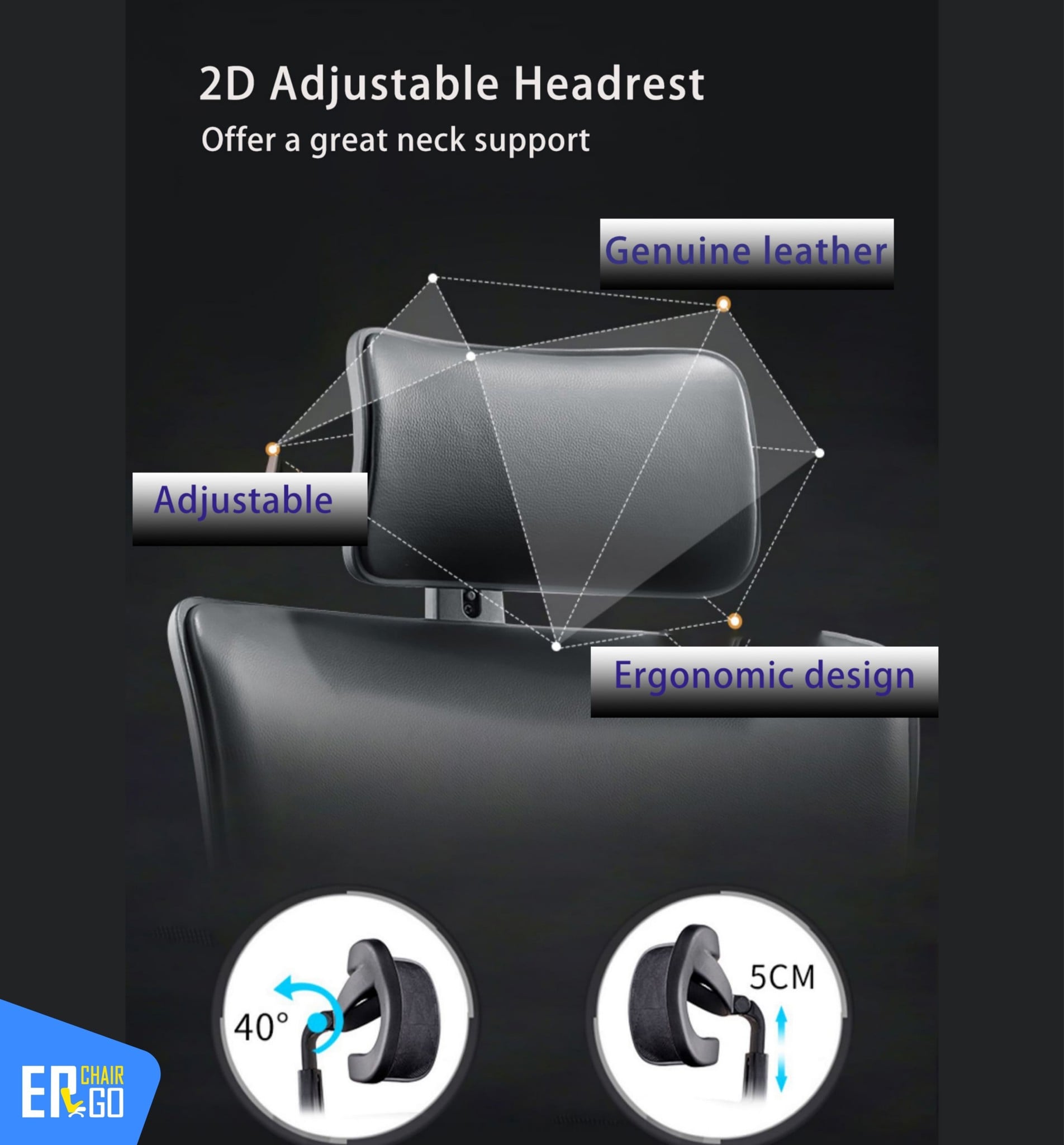 Tựa đầu lớn bọc da bò Nappa, điều chỉnh 2D nâng hạ 5cm, xoay nghiêng 40°: