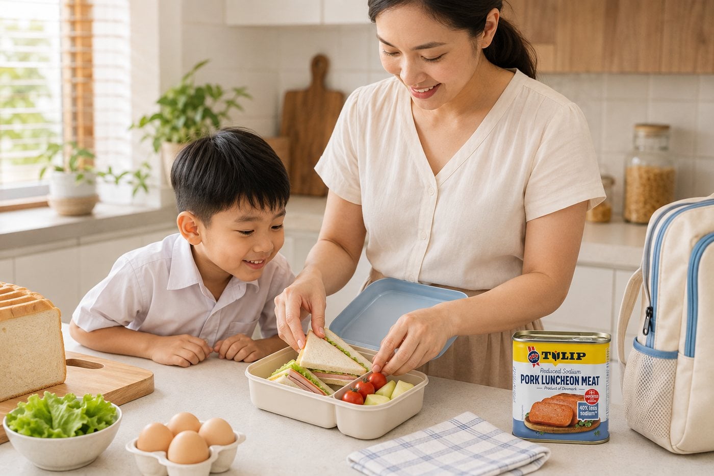 Hộp cơm trưa mang đi học có sandwich thịt hộp Tulip trứng vàng áp chảo, mẹ chuẩn bị trong bếp buổi sáng