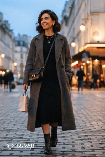 Váy đen ôm nhẹ phối áo khoác dạ dáng dài