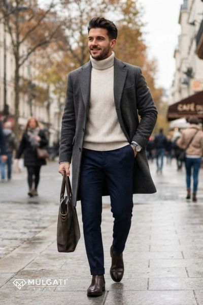Áo len cổ lọ phối overcoat và quần tây