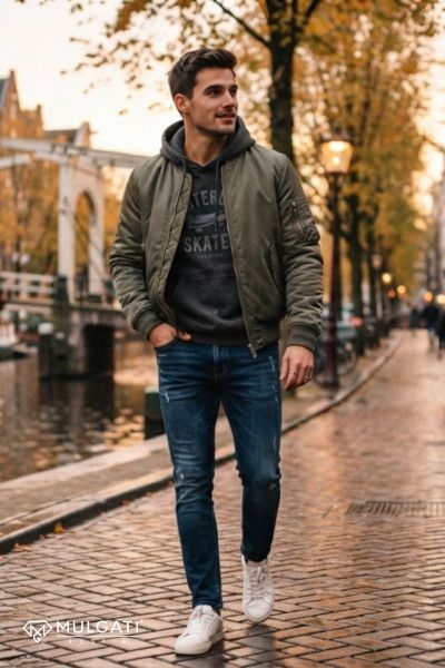 Hoodie phối bomber xanh olive và jeans