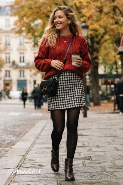 Áo len đỏ phối chân váy dạ tweed và boots cổ thấp